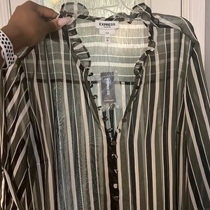 Green black and white striped button down shirt. Perfect for work.